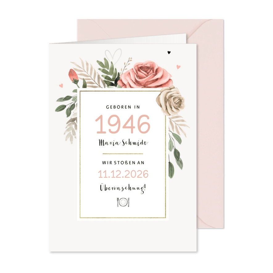Klassische Einladungskarte Geburtsjahr und Blumen - Kartenvorschau

