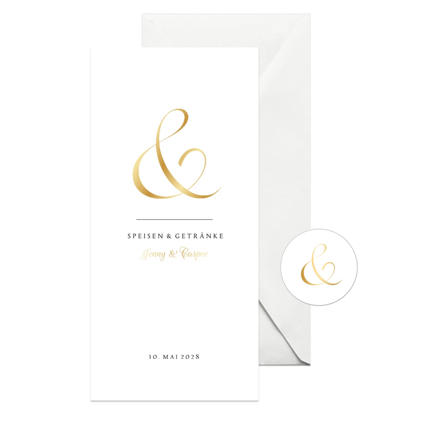 Klassische Speisekarte zur Hochzeit Ampersand gold - Karteneindruck
