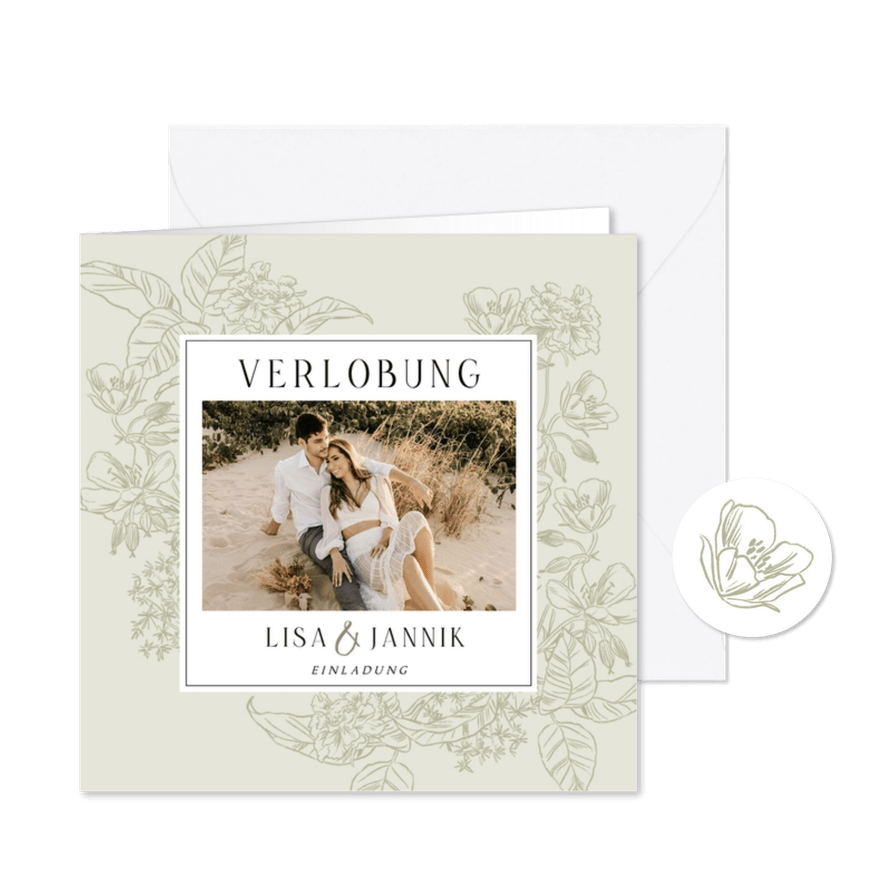 Klassische Verlobungseinladung Foto & Blumendekor - Karteneindruck