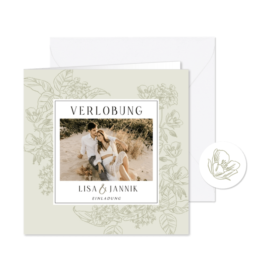 Klassische Verlobungseinladung Foto & Blumendekor - Karteneindruck