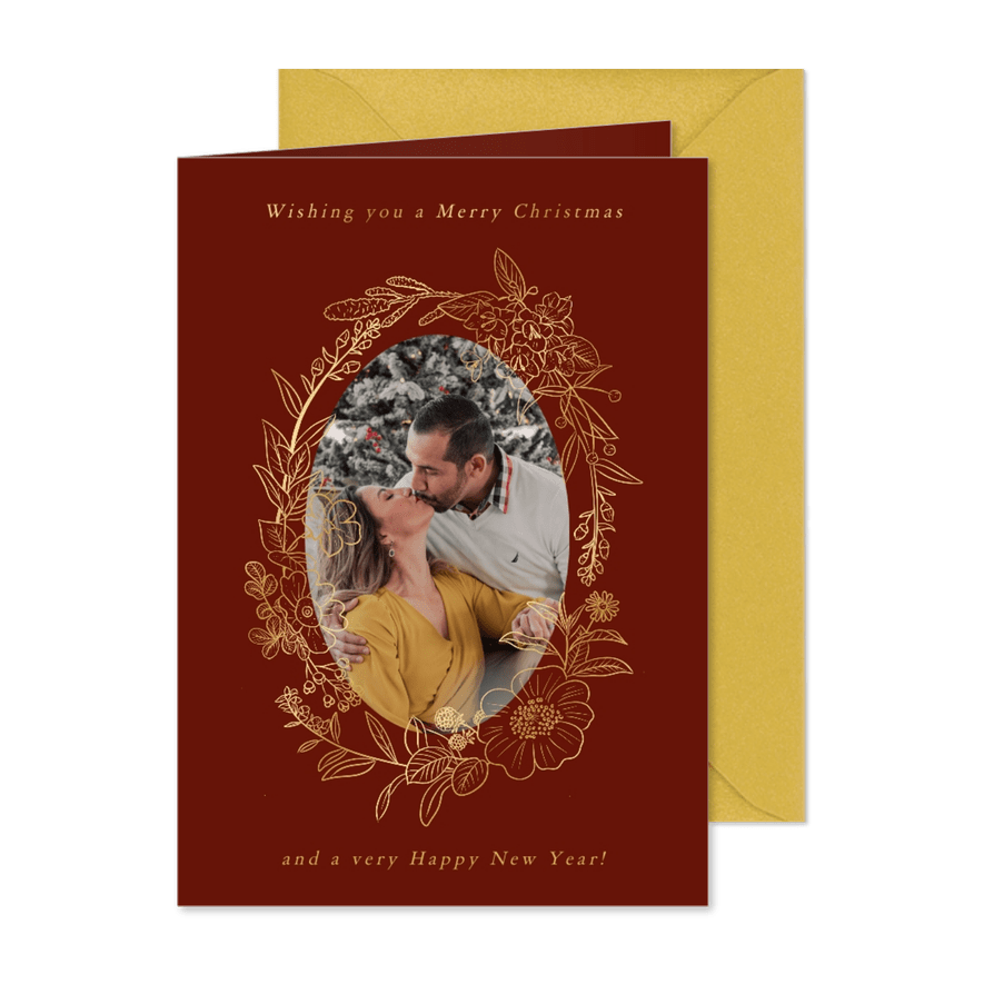 Klassische Weihnachtskarte Foto & Blumenkranz - Karteneindruck