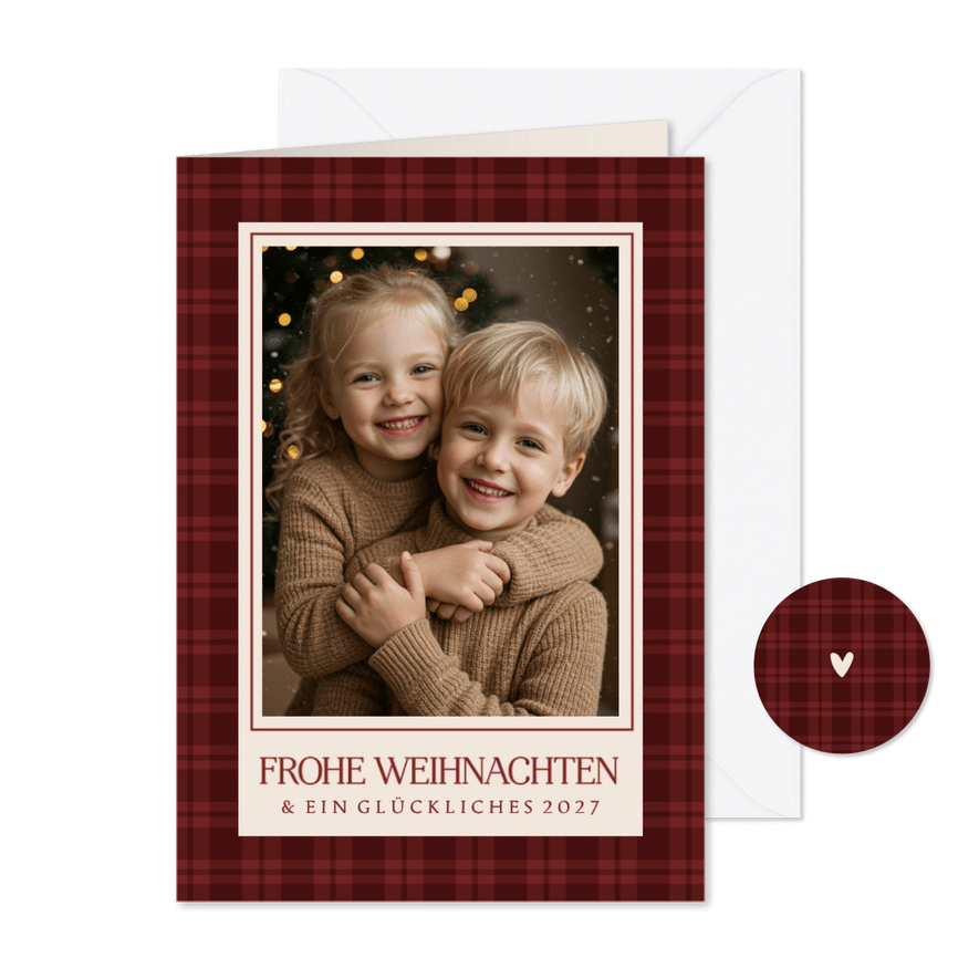 Klassische Weihnachtskarte Tartan dunkelrot mit Foto - Kartenvorschau