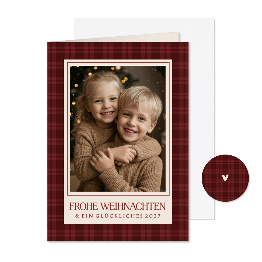 Klassische Weihnachtskarte Tartan dunkelrot mit Foto - Kartenvorschau