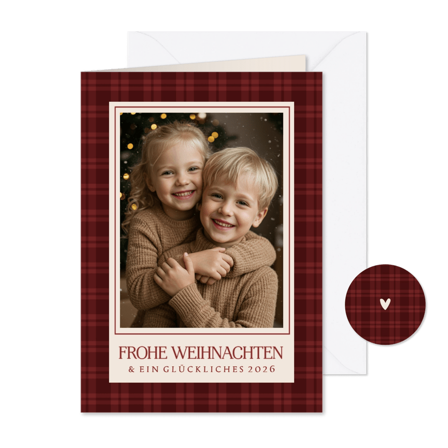 Klassische Weihnachtskarte Tartan dunkelrot mit Foto - Karteneindruck