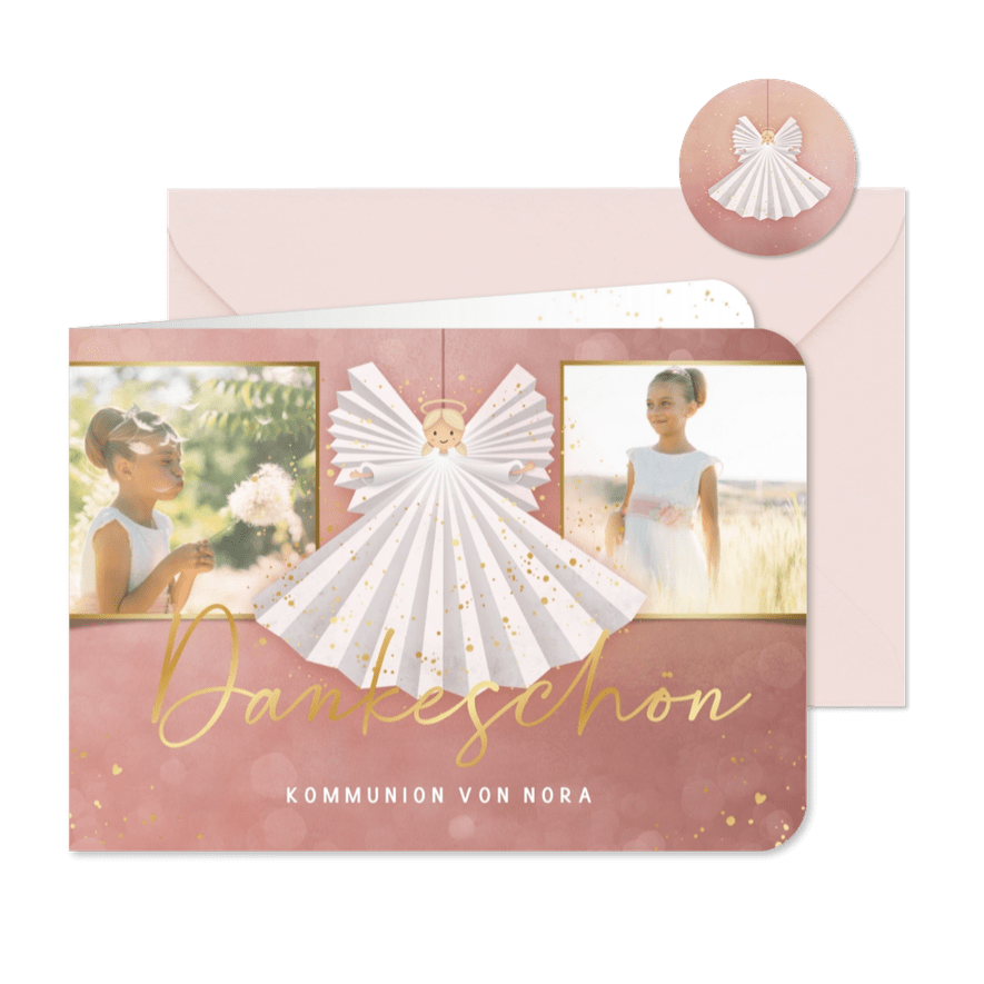 Kommunion Dankeskarte Engel & Goldakzente - Karteneindruck