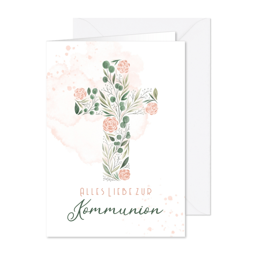 Kommunion Glückwunschkarte Kreuz mit Rosen - Karteneindruck