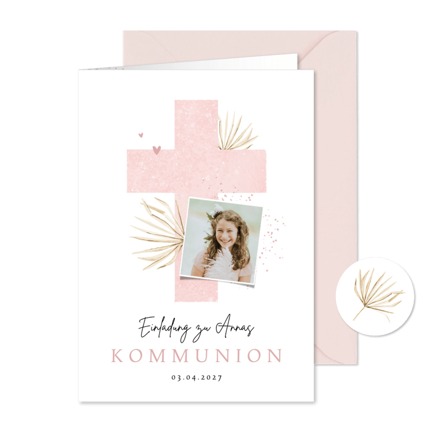 Kommunioneinladung Foto & rosa Kreuz - Karteneindruck
