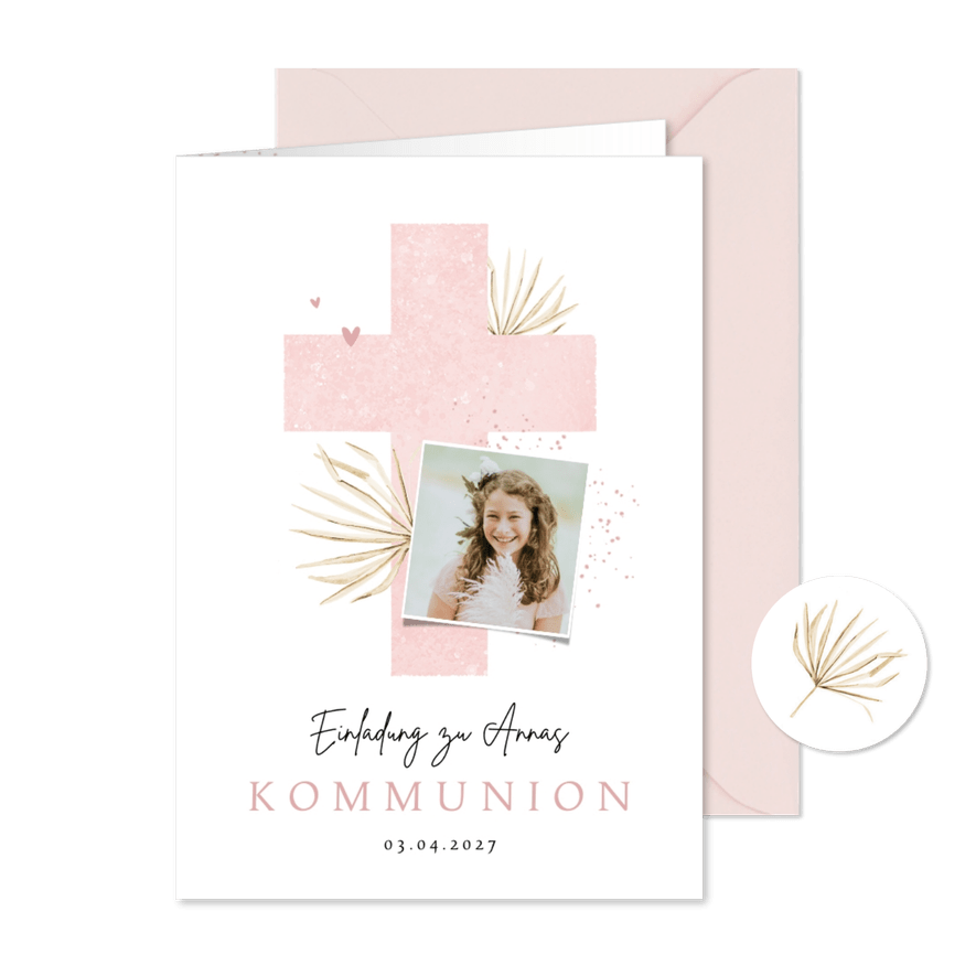 Kommunioneinladung Foto & rosa Kreuz - Karteneindruck