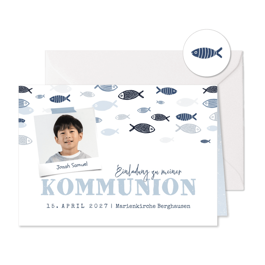 Kommunioneinladung kleine Fische & Foto - Karteneindruck
