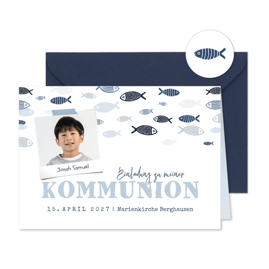 Kommunioneinladung kleine Fische & Foto - Karteneindruck