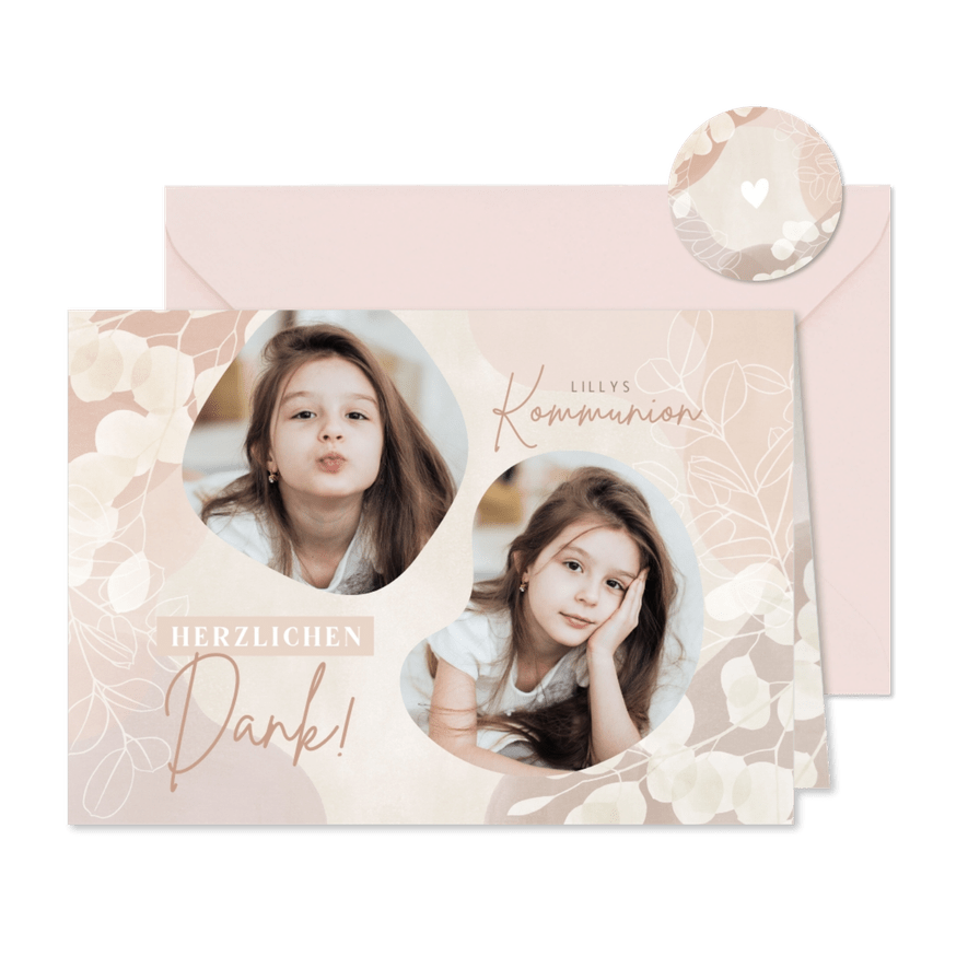 Kommunions-Danksagung Fotocollage & Blätter in rosa Pastell - Karteneindruck