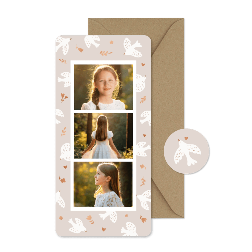 Kommunions-Danksagung Fotocollage und weiße Tauben - Karteneindruck
