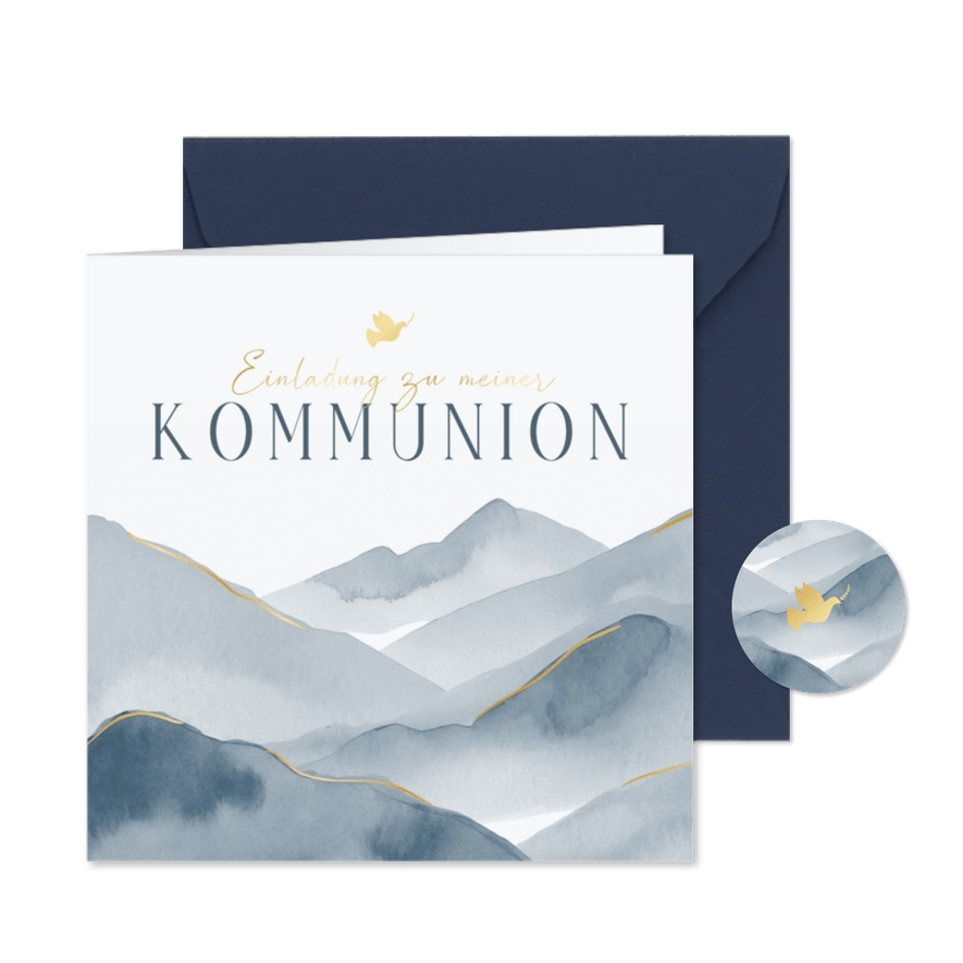 Kommunionseinladung Berge blaues Aquarell - Karteneindruck