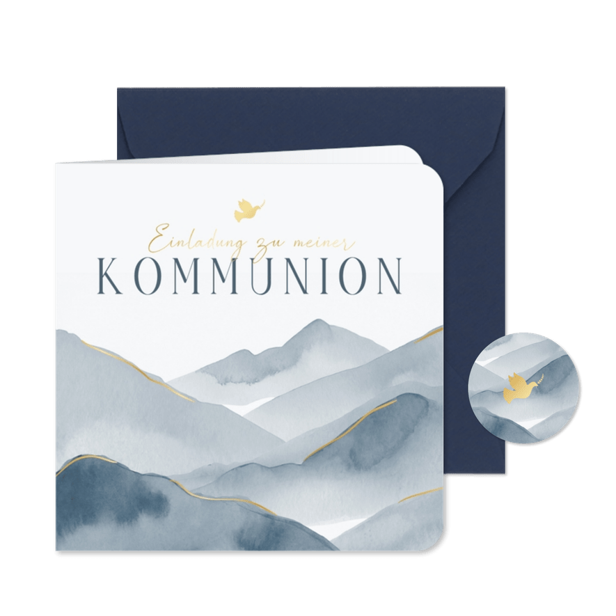 Kommunionseinladung Berge blaues Aquarell - Karteneindruck
