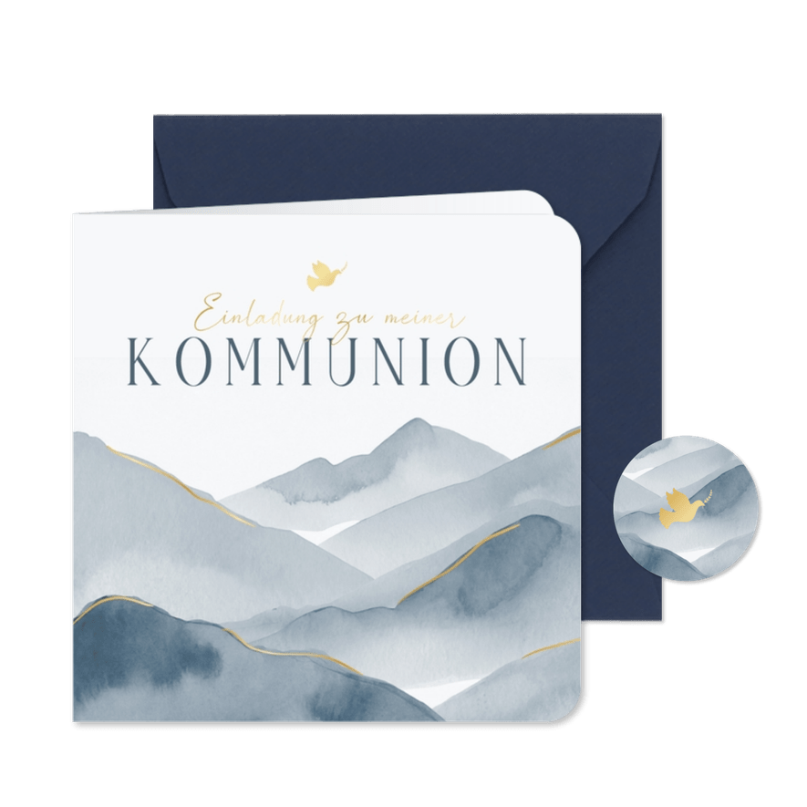 Kommunionseinladung Berge blaues Aquarell - Kartenvorschau