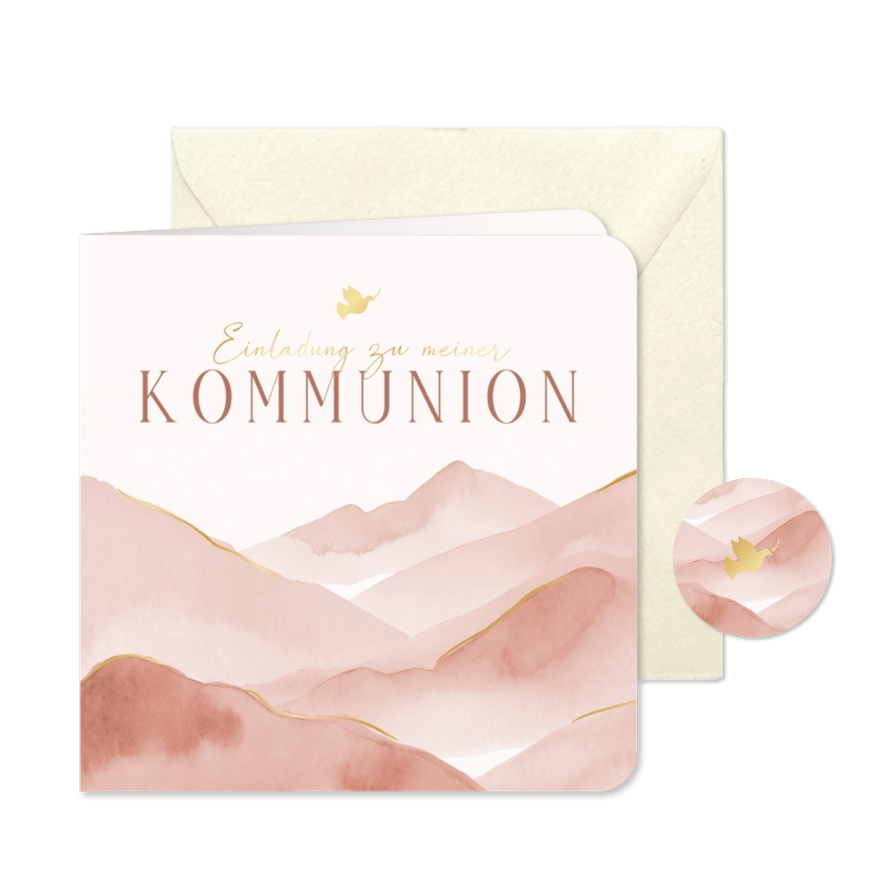 Kommunionseinladung Berge rosa Aquarell - Karteneindruck