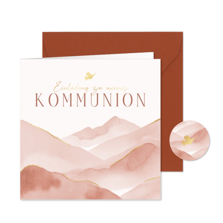 Kommunionseinladung Berge rosa Aquarell - Karteneindruck
