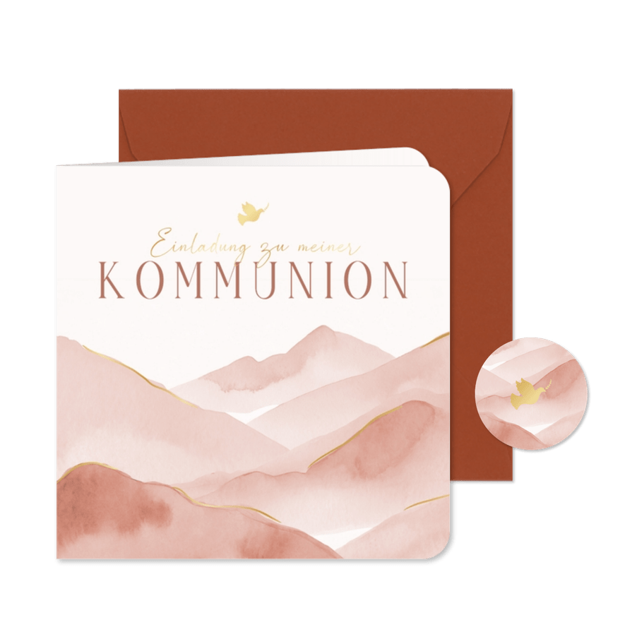 Kommunionseinladung Berge rosa Aquarell - Kartenvorschau
