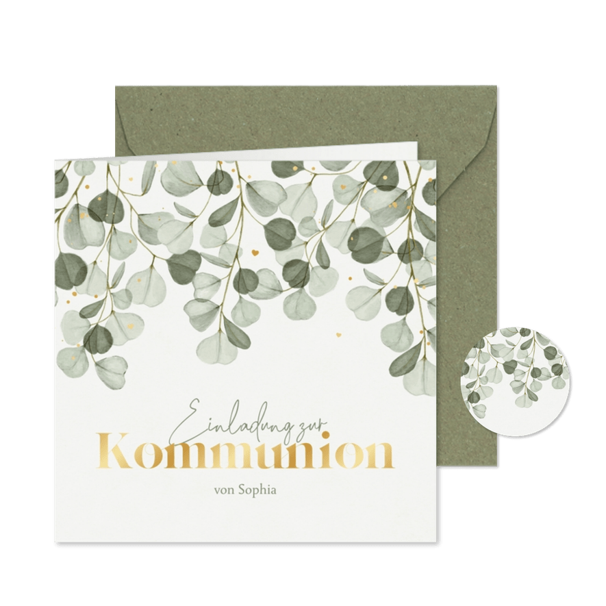 Kommunionseinladung Eukalyptus & Golddruck - Karteneindruck