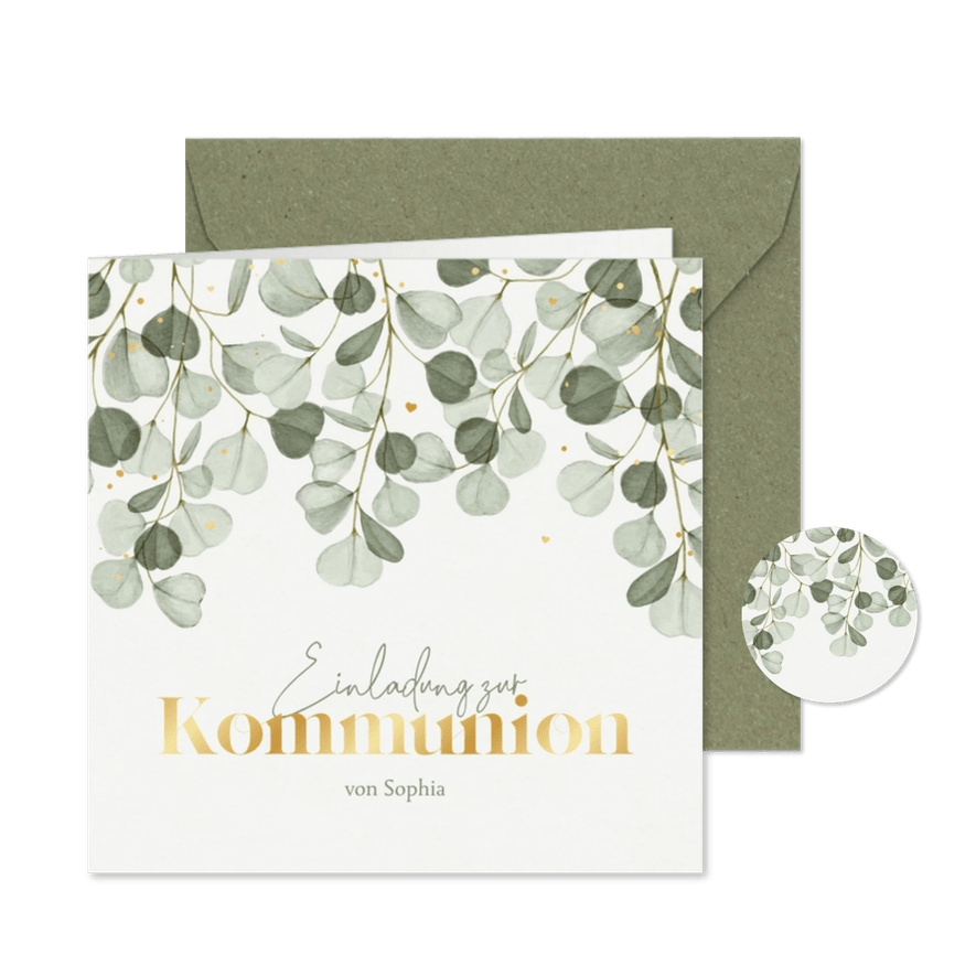 Kommunionseinladung Eukalyptus & Golddruck - Karteneindruck
