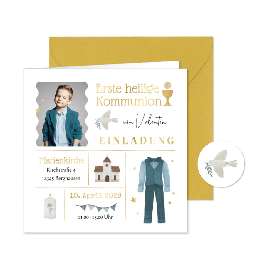 Kommunionseinladung Kommunionsanzug & Foto - Karteneindruck