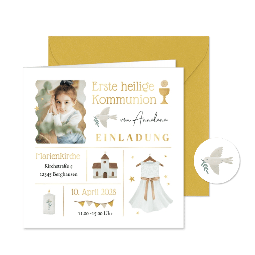 Kommunionseinladung Kommunionskleid & Foto - Karteneindruck
