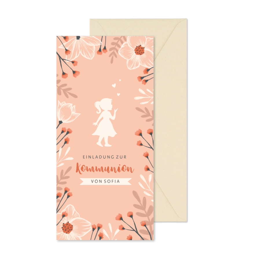 Kommunionseinladung Scherenschnitt und Blumen - Karteneindruck
