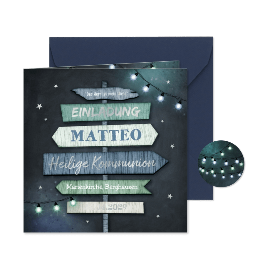 Kommunionseinladung Wegweiser Silberdruck - Karteneindruck
