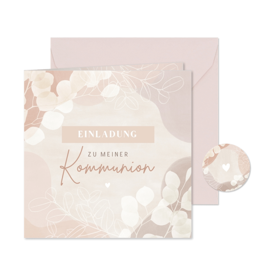 Kommunionskarte Blätter in rosa Pastell - Karteneindruck
