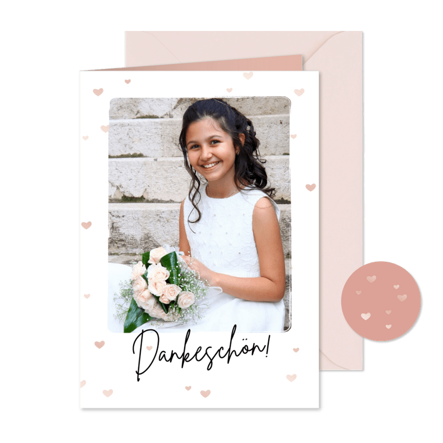 Kommunionskarte Danke Foto & Herzen - Karteneindruck
