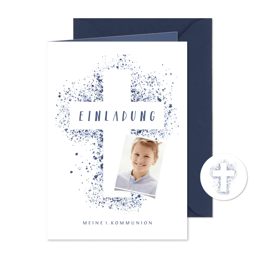 Kommunionskarte eigenes Foto Kreuz blau Farbspritzer - Karteneindruck
