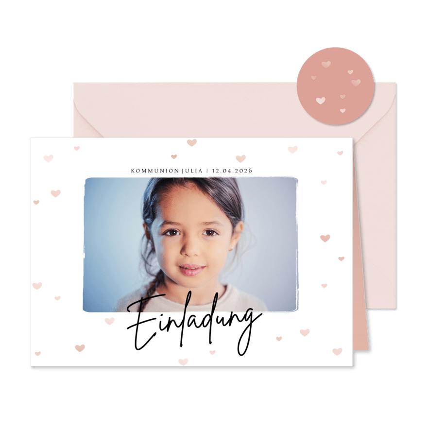 Kommunionskarte Einladung Foto & Herzen - Karteneindruck