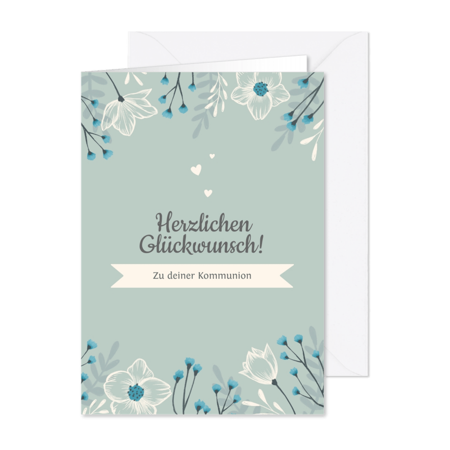 Kommunionskarte Glückwunsch Blumen & Herzen - Karteneindruck
