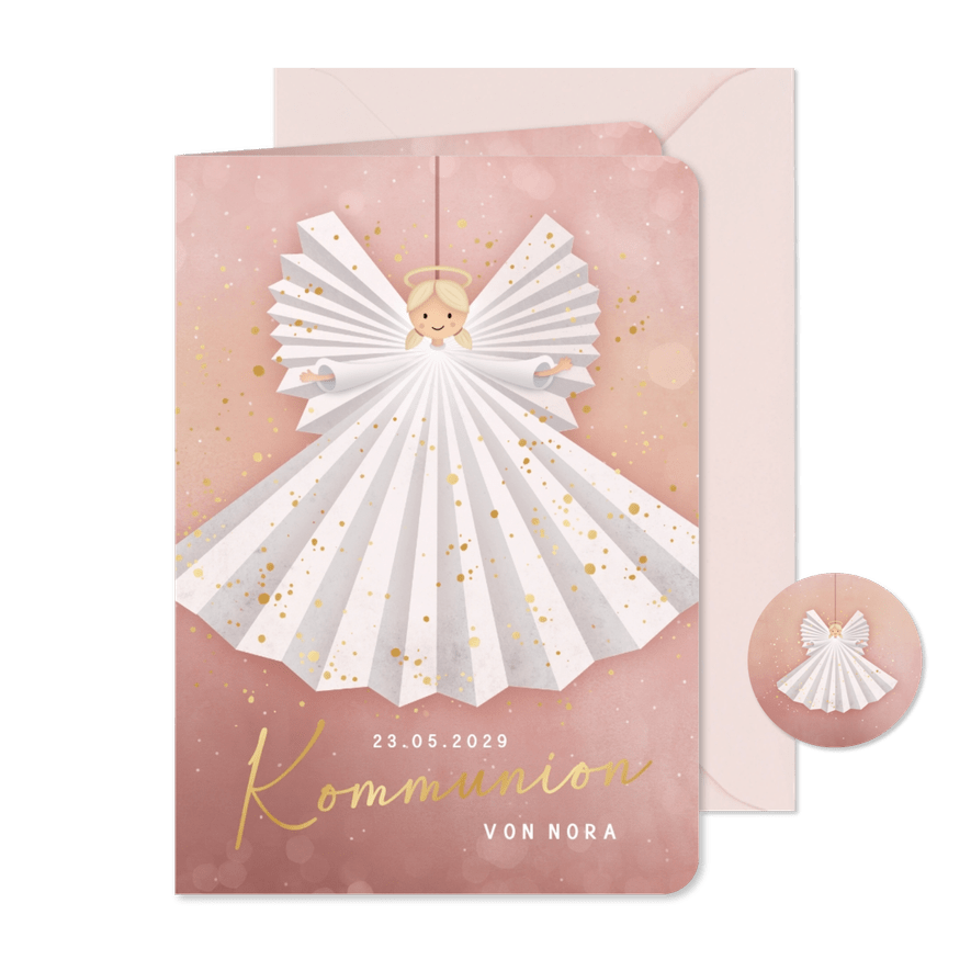 Komunionseinladung Engel & Goldakzente - Karteneindruck
