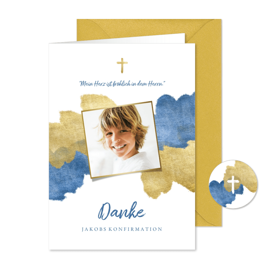 Konfirmation Danksagung Foto Wasserfarbe blau metallic - Karteneindruck
