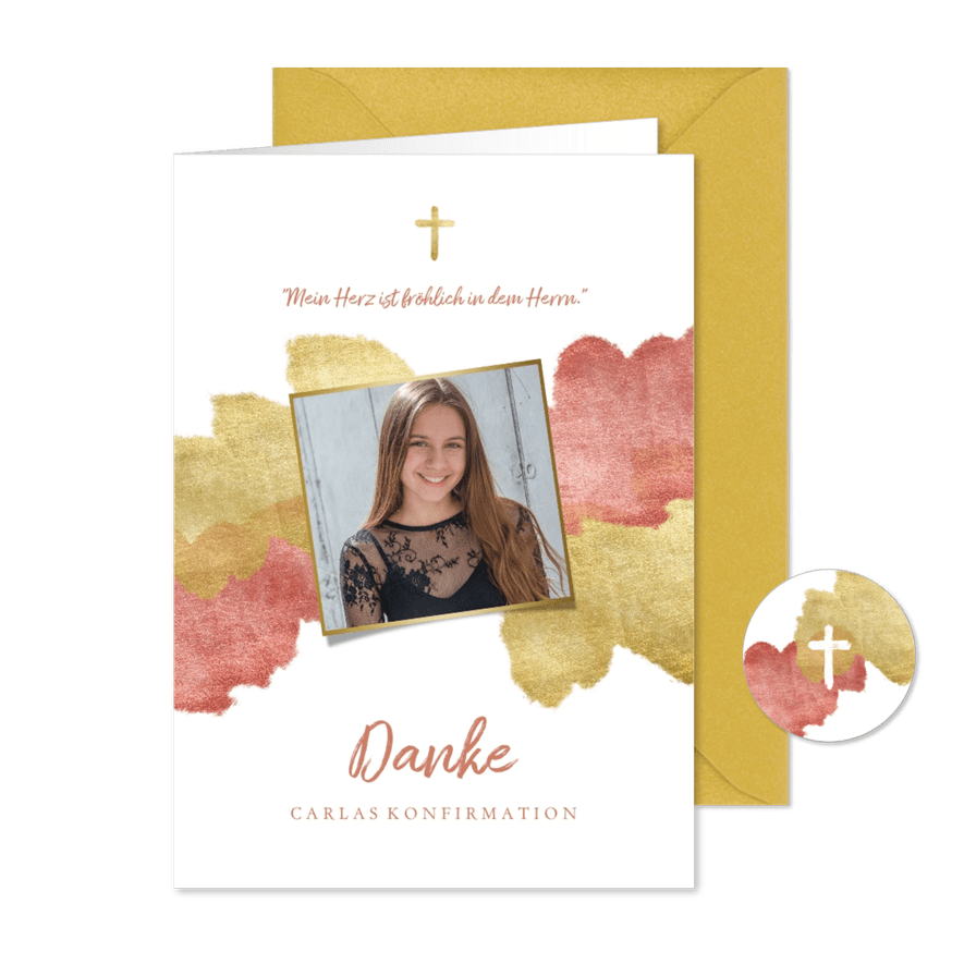 Konfirmation Danksagung Foto Wasserfarbe rosa metallic - Karteneindruck