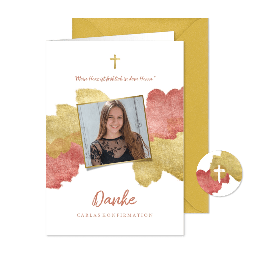 Konfirmation Danksagung Foto Wasserfarbe rosa metallic - Karteneindruck