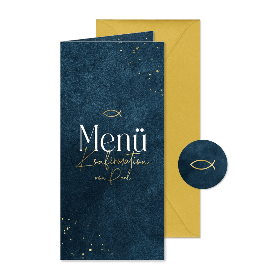 Konfirmations-Menükarte Goldschrift dunkelblau - Kartenvorschau