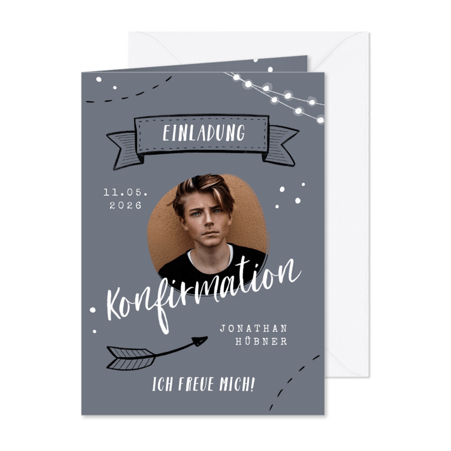 Konfirmationseinladung Foto & Scribbles grau - Kartenvorschau