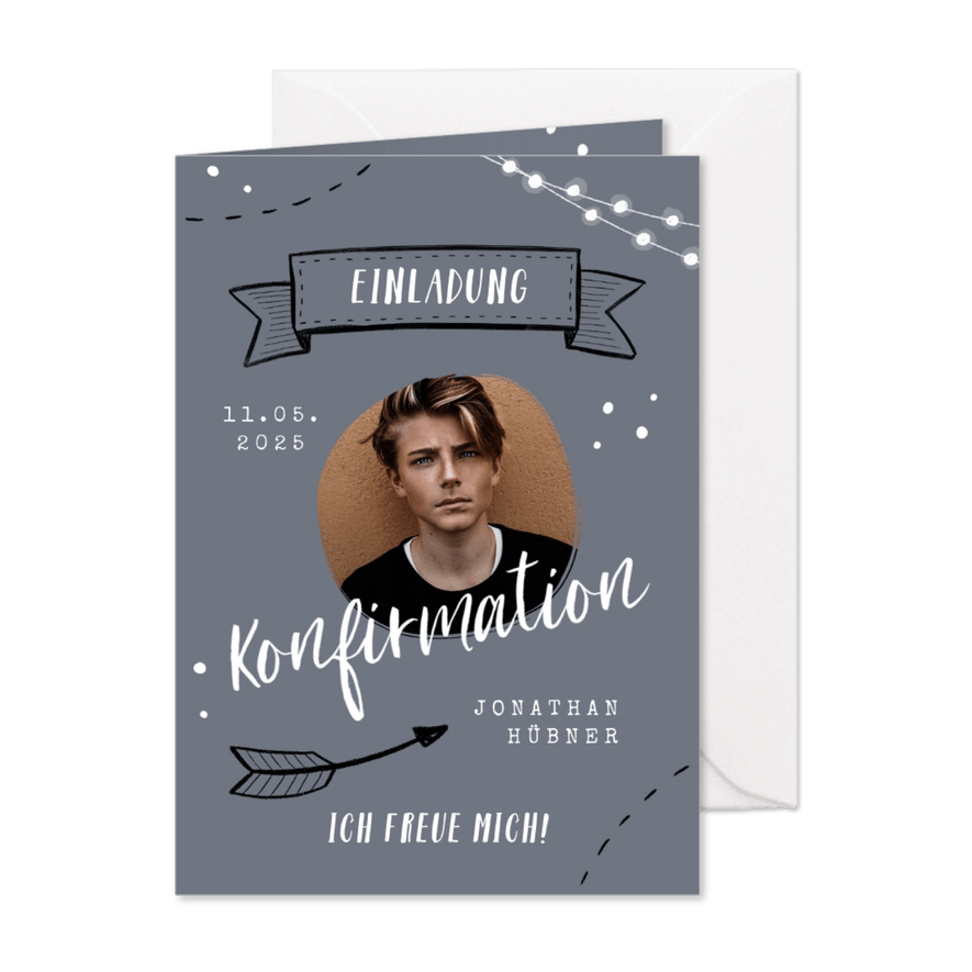 Konfirmationseinladung Foto & Scribbles grau - Karteneindruck
