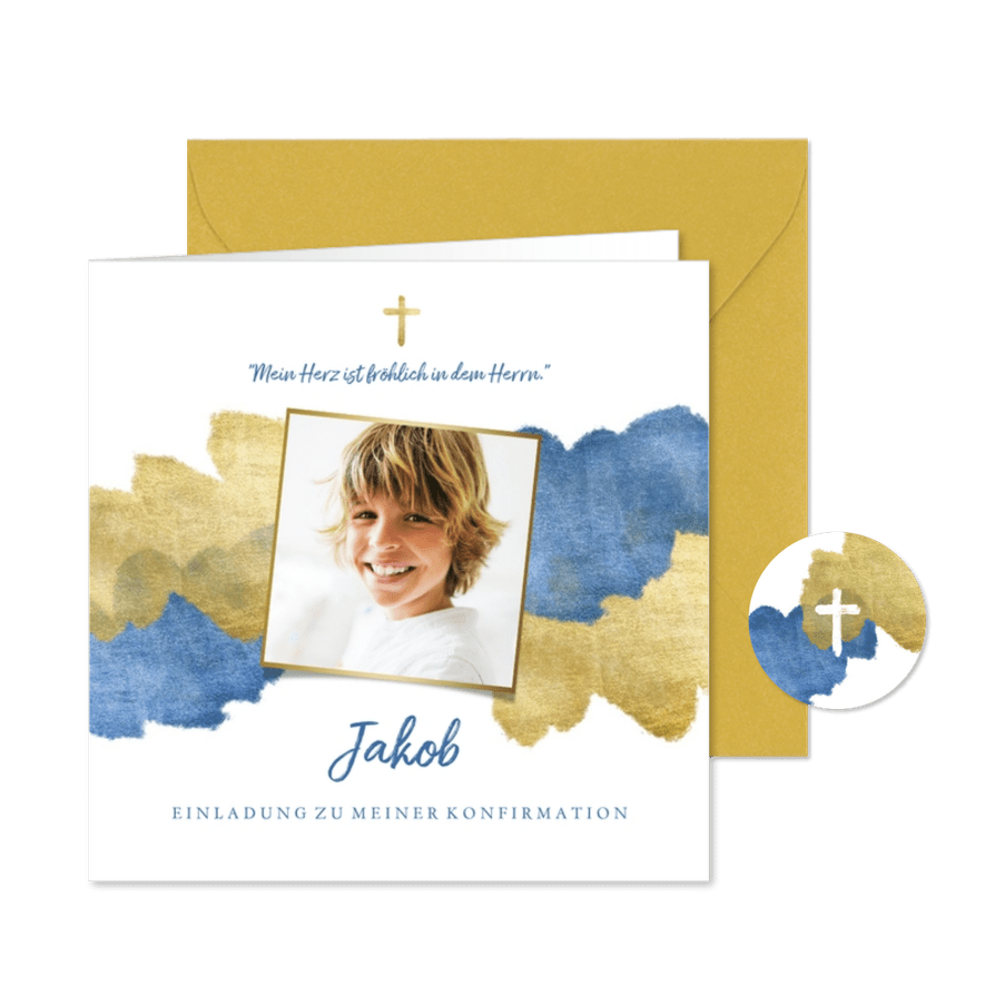 Konfirmationseinladung Foto Wasserfarbe blau metallic - Karteneindruck