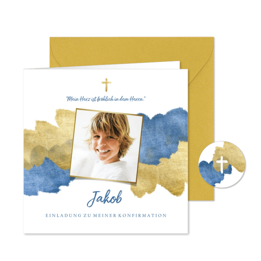 Konfirmationseinladung Foto Wasserfarbe blau metallic - Karteneindruck