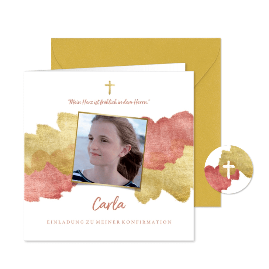 Konfirmationseinladung Foto Wasserfarbe rosa metallic - Karteneindruck