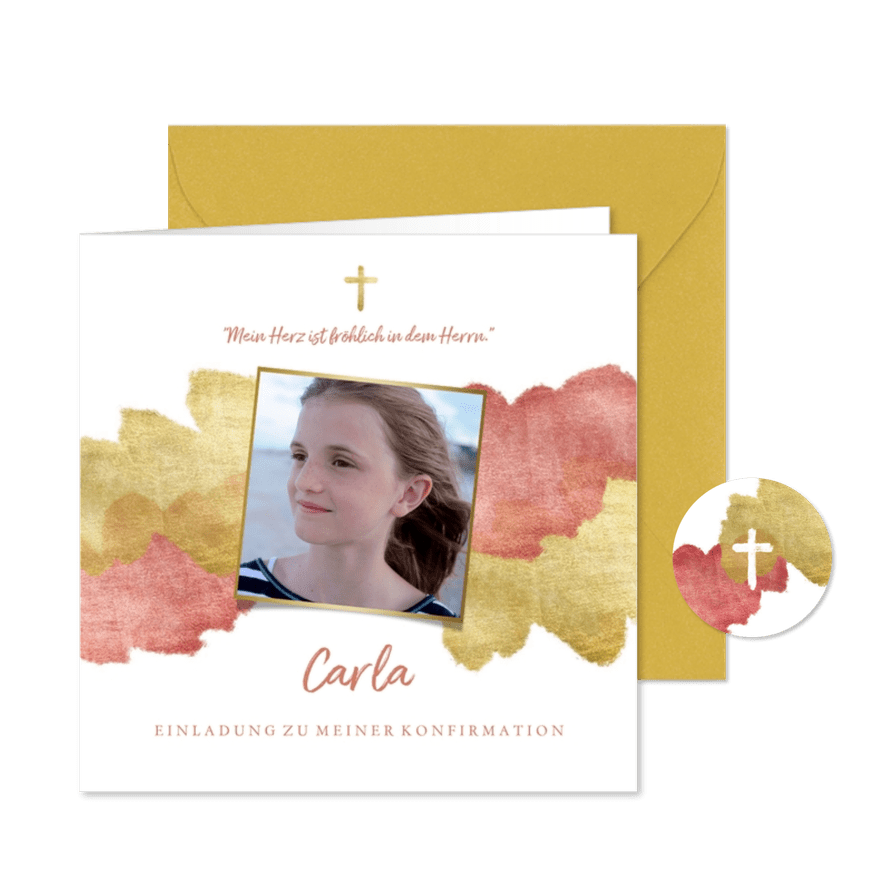 Konfirmationseinladung Foto Wasserfarbe rosa metallic - Karteneindruck