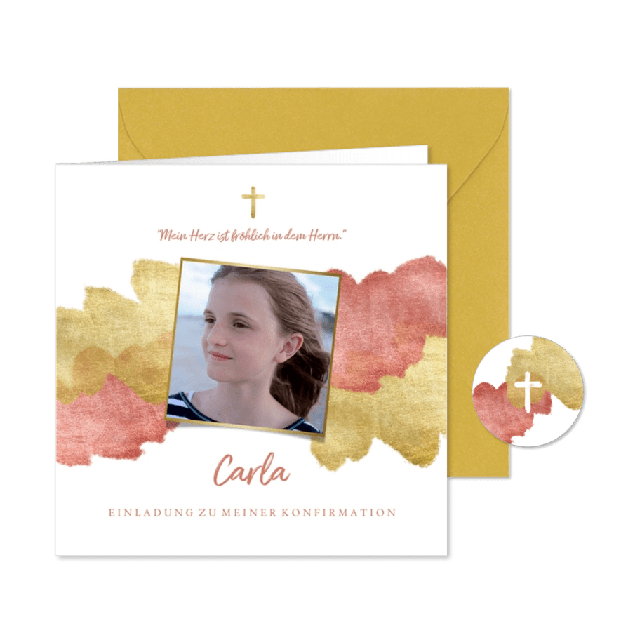Konfirmationseinladung Foto Wasserfarbe rosa metallic - Karteneindruck