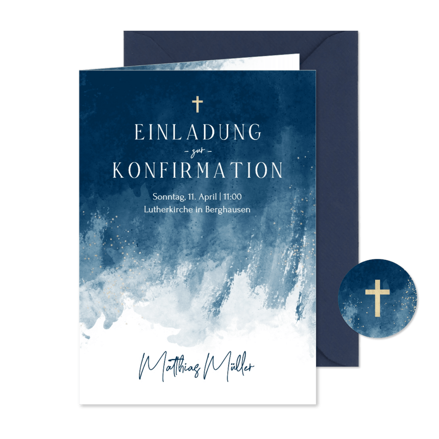 Konfirmationskarte Junge Auqarell modern dunkelblau - Karteneindruck