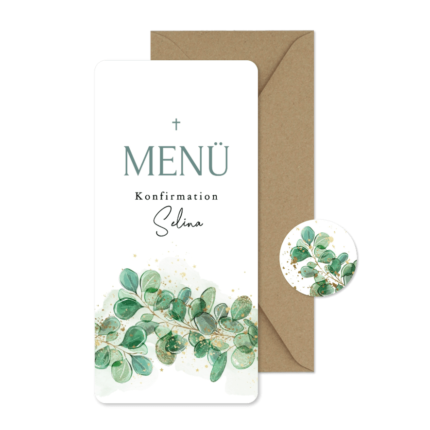 Konfirmationskarte Menü Eukalyptus Aquarell - Kartenvorschau
