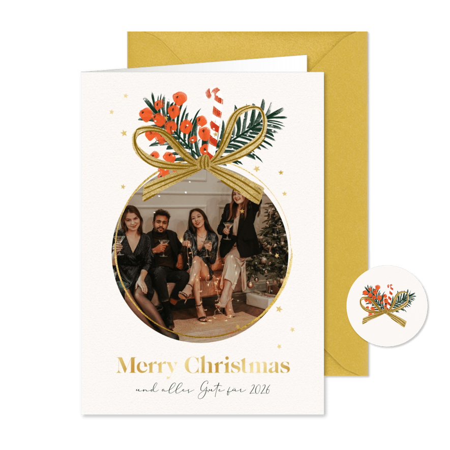 Kunden-Weihnachtskarte Kugel mit Foto - Karteneindruck