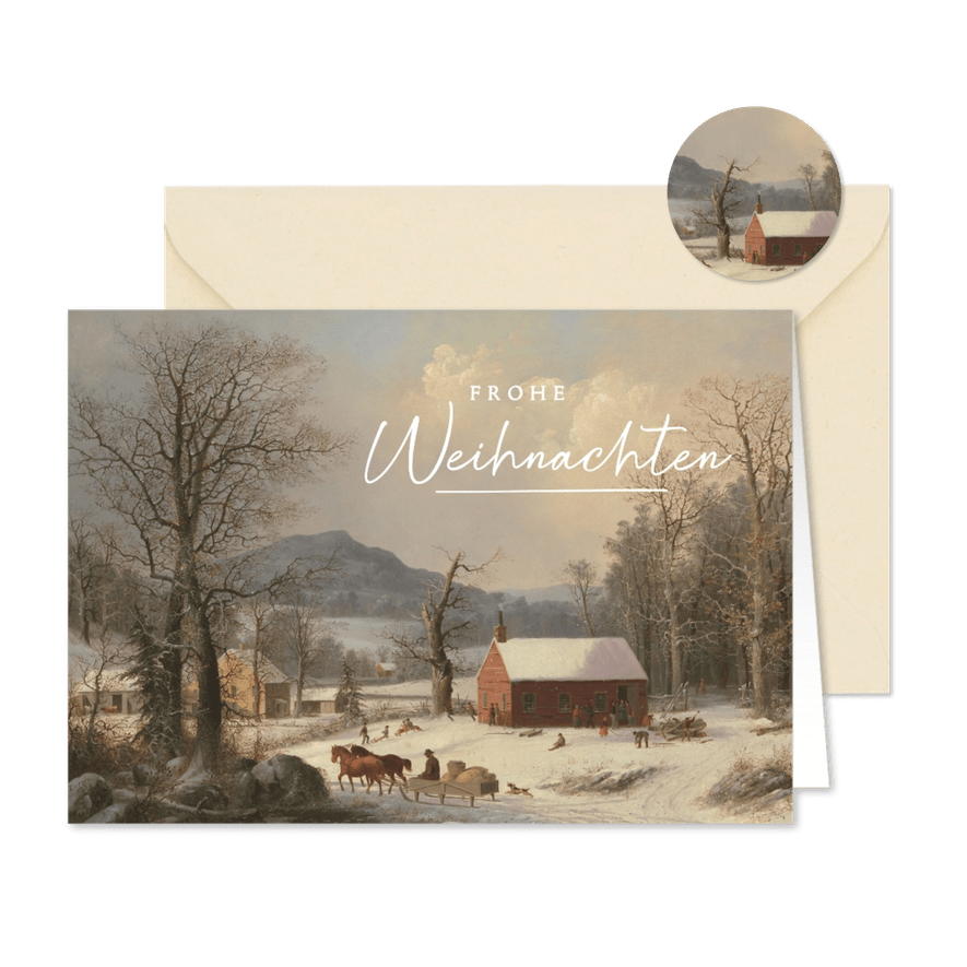 Kunst-Weihnachtskarte Winterlandschaft, Schule & Schlitten - Karteneindruck
