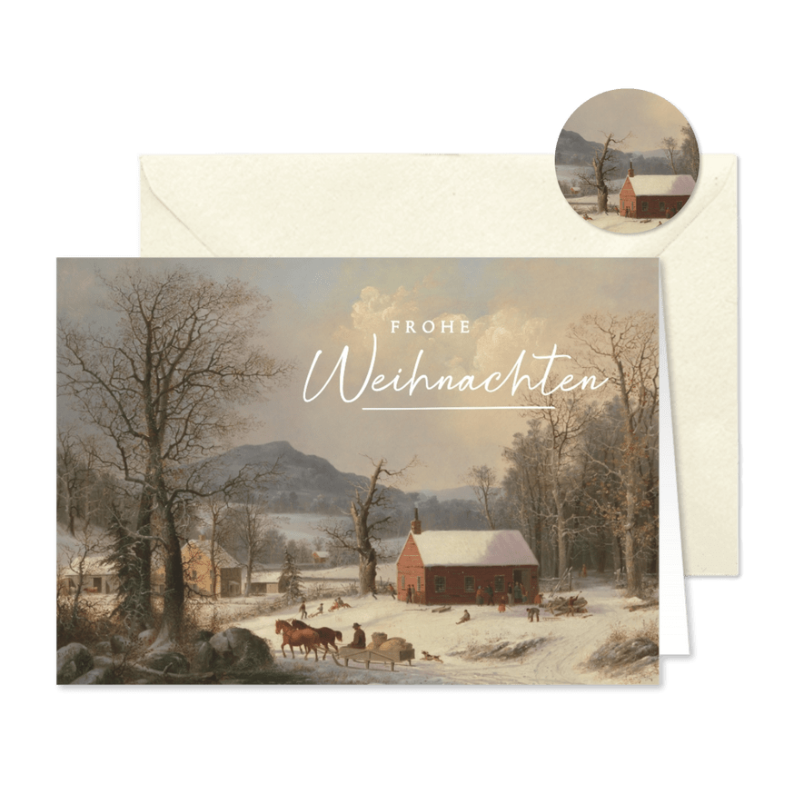 Kunst-Weihnachtskarte Winterlandschaft, Schule & Schlitten - Karteneindruck
